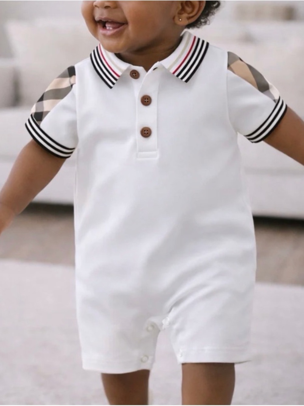 White Baby Polo Romper with Plaid Accent